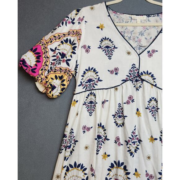 Fig & Flower Printed V-Neck Puff Sleeve Midi Dress Size Medium Linen Blend‎ - Picture 3 of 9